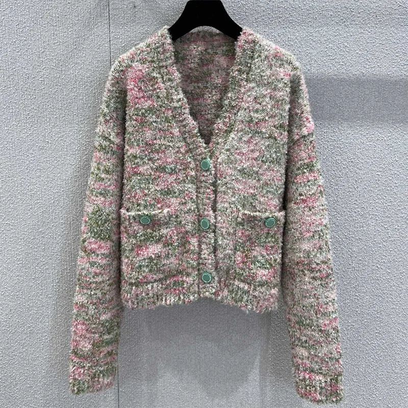 

High-quality fresh green interwoven floral chiffon women's v-neck cashmere knitted cardigan soft sweater 25102235