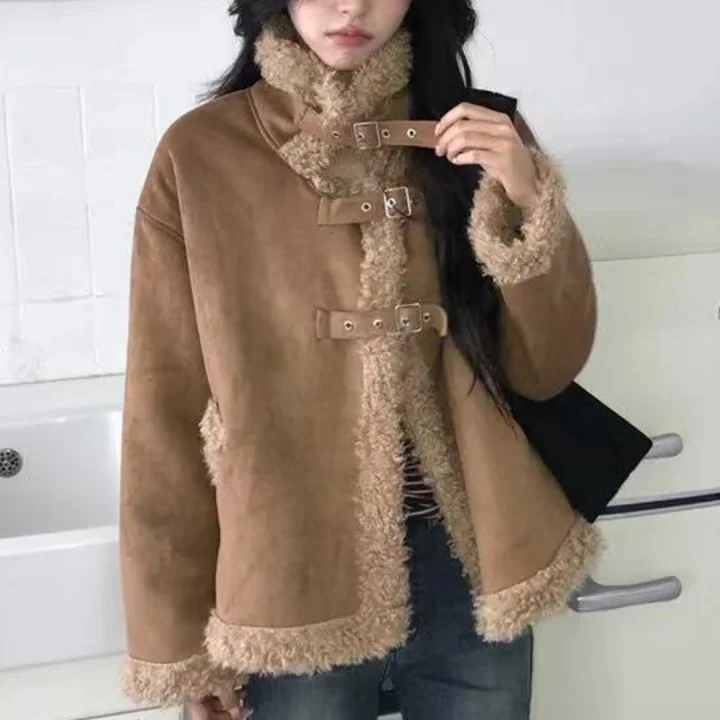 

Шикарное винтажное интегрированное пальто из кожи и меха, женская дизайнерская верхняя одежда с воротником-стойкой из искусственного меха ягненка