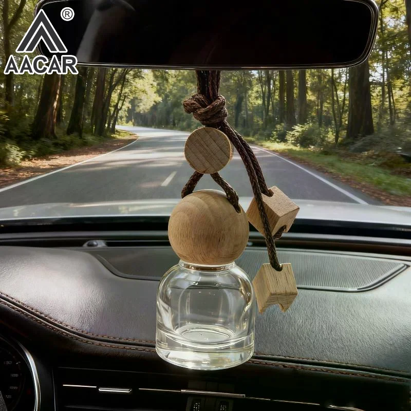 1Pcs Perfume Glass Bottle Empty Car Air Freshener Pendant With Wooden Caps Refillable Car Essential Oil Diffuser Bottle
