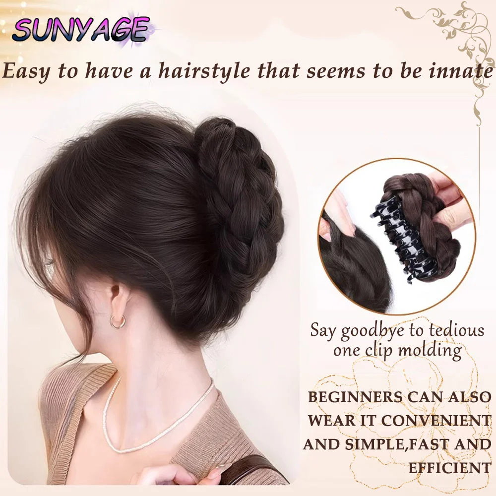 SUNYAGE كعكة الاصطناعية قطعة شعر مخلب كليب ذيل حصان ملحقات Scrunchie على غرار كسول زهرة برعم كعكة Chignon متموج مجعد ذيل حصان #3