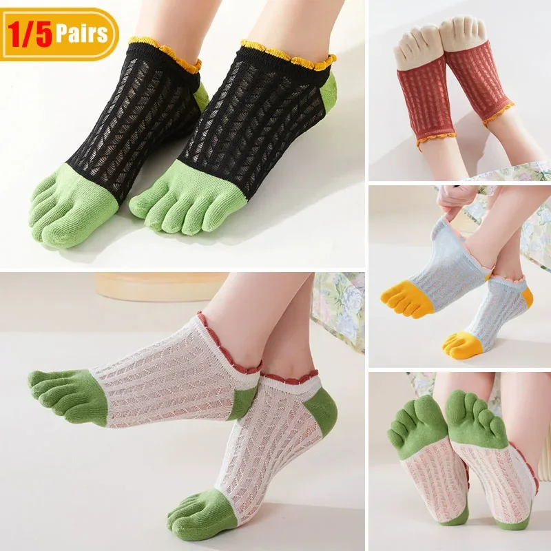 5 Paar Sommer-Zehensocken für Damen und Mädchen, dünn, kühl, atmungsaktiv, geruchshemmend, lässig, Spitze, Mesh, unsichtbar, Fünf-Finger-Socken