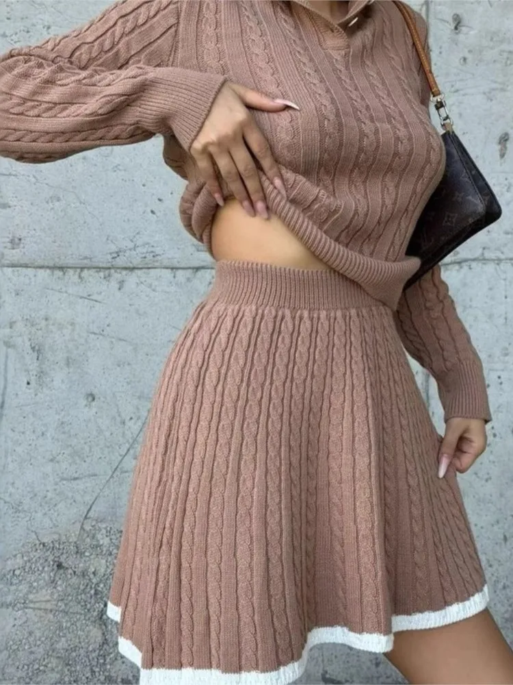 Fresh And Sweet Style Knitted Skirts Two Piece Set Women Lapel Long Sleeve Sweater A-line Mini Skirt Sets Fashion Temperament