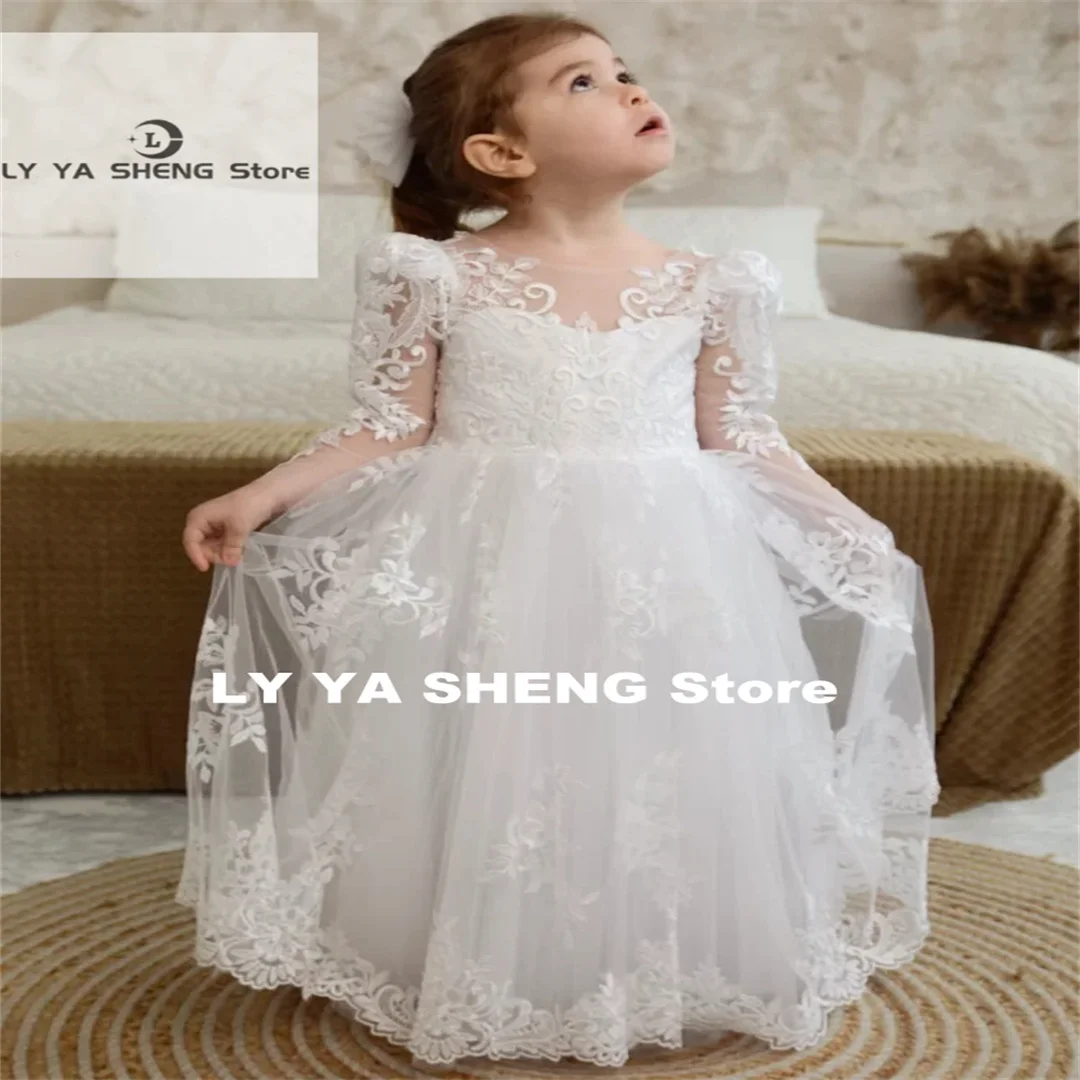 White Flower Girl Dresses Tulle Lace Flory Pattern With Bow Long Sleeve For Wedding Birthday Party First Communion Gowns