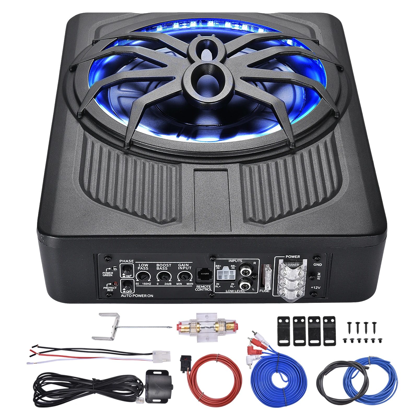 10 Zoll Aktiver Untersitz-Subwoofer mit Blauer LED-Beleuchtung, Kompakter Auto-Subwoofer für LKW, SUV, Fahrzeuge mit Begrenztem Platz, Kraftvoller Bass – Detail 1