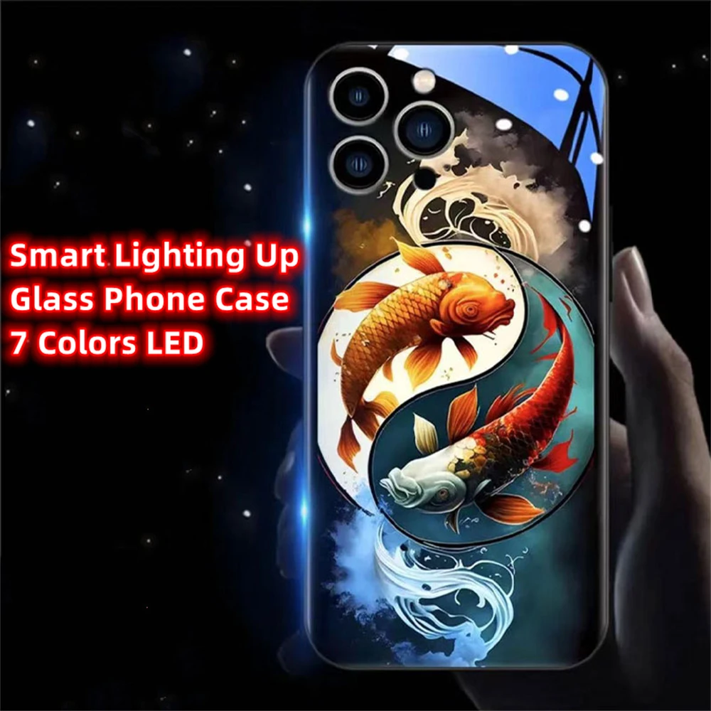 

Tai Chi koi Luminous Glass LED Call Light Up Flash Phone Case For Samsung S24 S23 S22 S21 S20 FE Note 10 20 Plus Ultra A54 A14