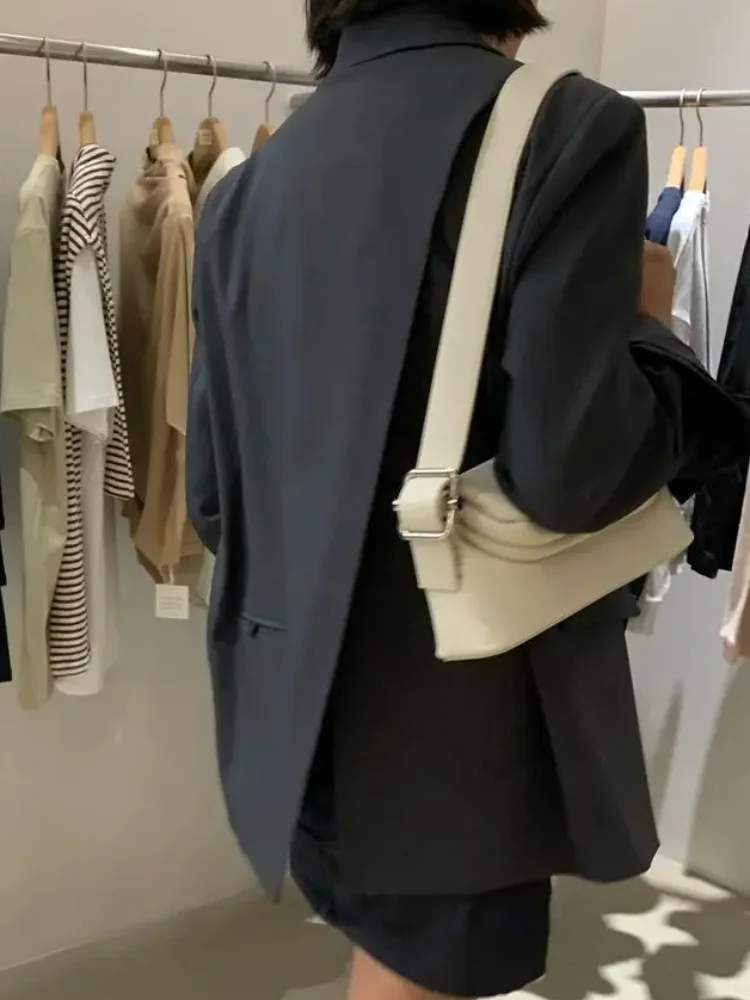 

Single-breasted V Collar Suit Jacket Women Fashion Lady Chic Satin Pockets Full Sleeve Lapel Coat 2026 Spring New Casual Outwear