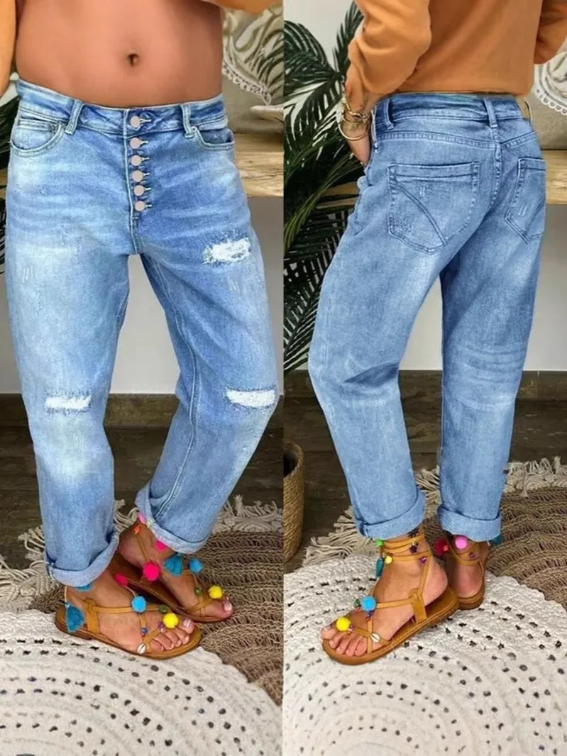 

Весенние женские джинсы из синего денима с эффектом потертости, свободного кроя, прямые, повседневные, длинные брюки для женщин, хлопок, средняя посадка, с эффектом стирки
