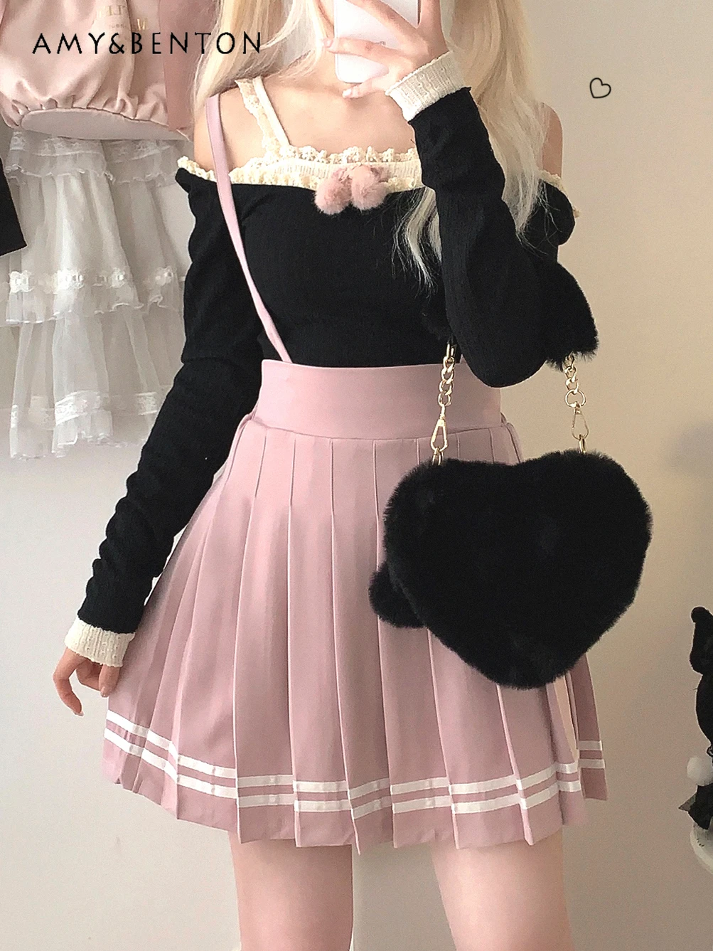 

Japanese Sweet Girl High Waist Slim Pleated Skirt Women Autumn New Mine Navy Style Uniform Pure Color All-Match Y2K Mini Skirts