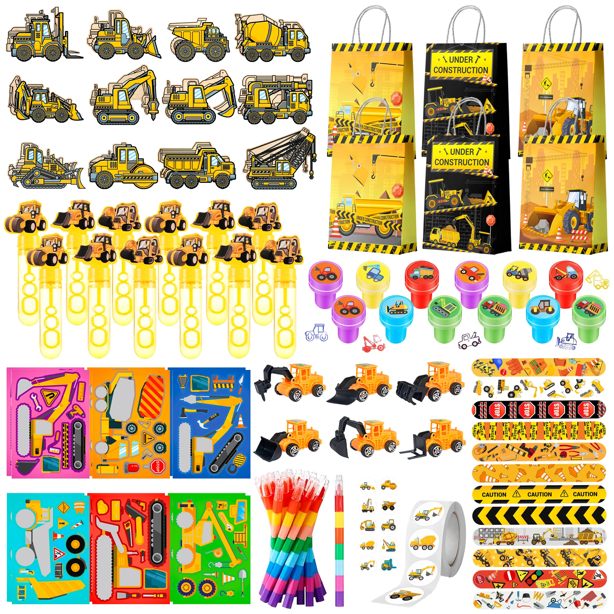 98 Pcs Construction Truck Party Favors Set Includes Construction Vehicle Favors Bags & Construction Vehicle Toys Bubble Wands Stickers Stampers etc Construction Party Favor for Excavator Birthday Decorations