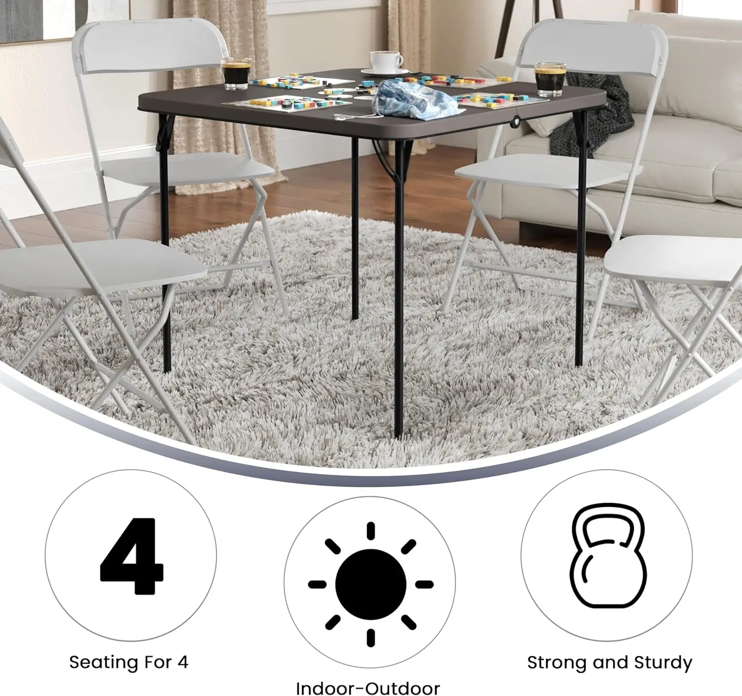 Dunham 2.83' Square Plastic Folding Event Table with Carrying Handle, Bi-Fold Banquet Table for Indoor/Outdoor E