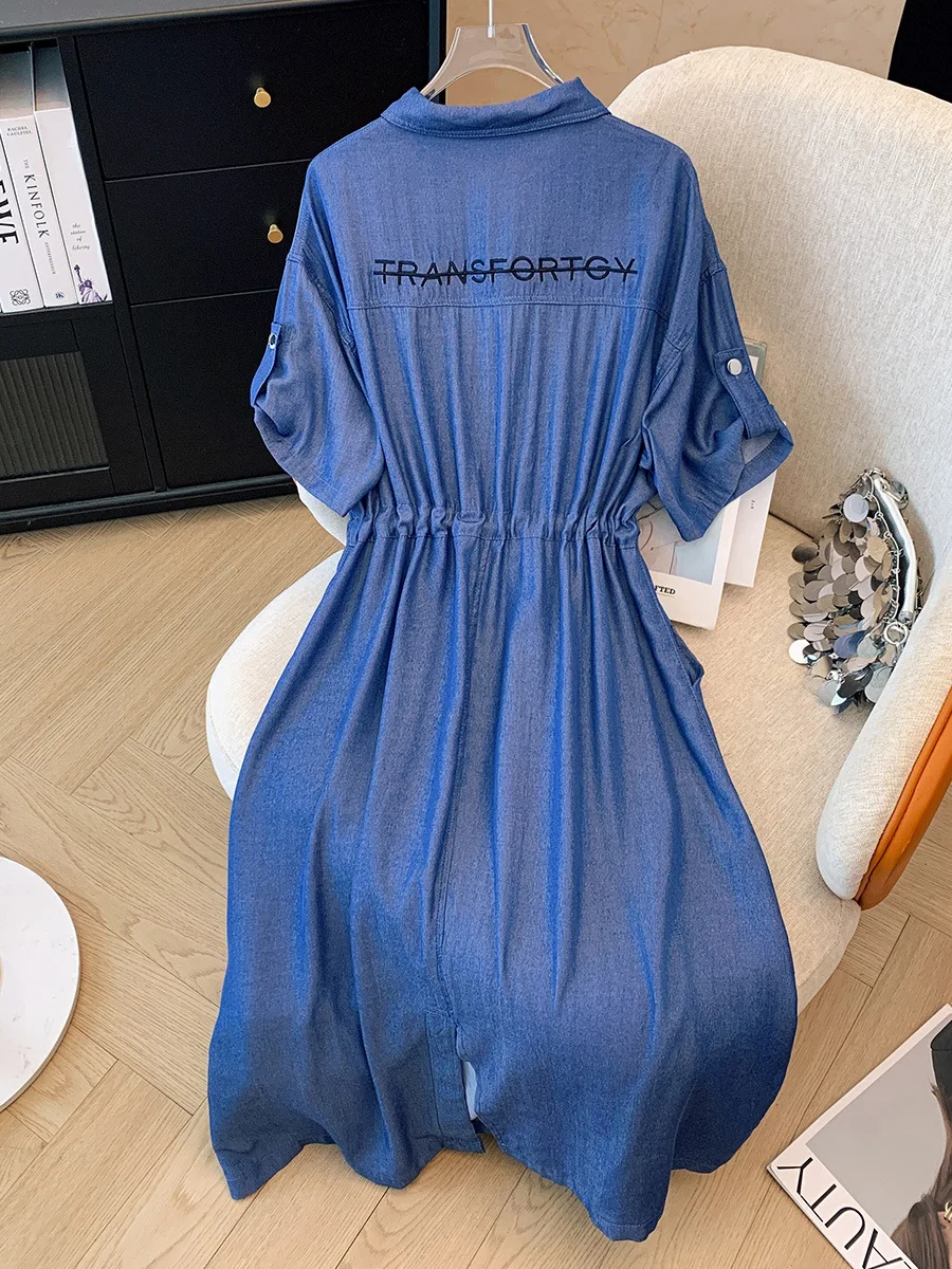 Vestido jeans solto de manga curta com decote em v feminino, vestido longo azul, 160kg plus size, 6XL 7XL 8XL 9XL 10XL XX2558, busto 170, verão