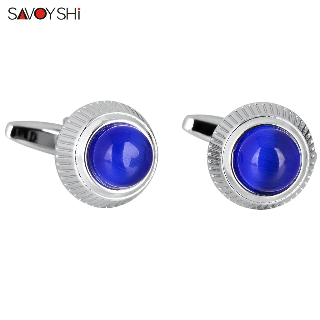 

SAVOYSHI Luxury Blue Opal Cufflinks for Mens French Shirt Cuff links Round Stainless Steel Cuff Buttons Business Wedding Gift