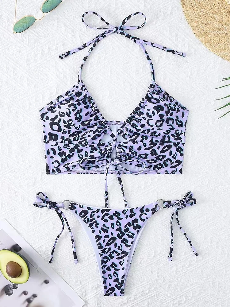 Bikini Damski Strój Kąpielowy 2025 Nowy Leopardowy Top typu Halter Zestaw Bikini Sexy Wysoki Stan Kostium Kąpielowy Letnia Odzież Plażowa Strój Kąpielowy Damski