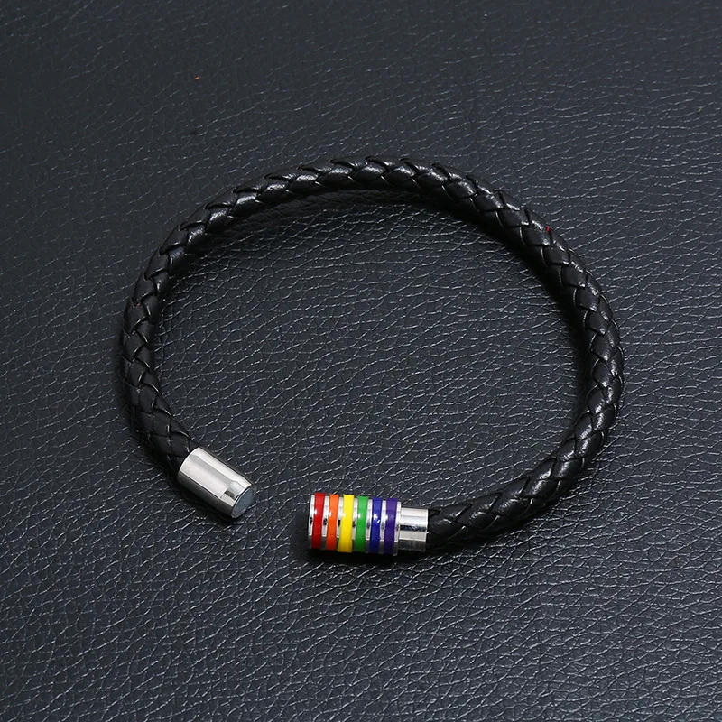 Handmade Braided LGBT Leather Bracelet for Women Men Gay Pride Rainbow Charm Bracelet Magnetic Buckle Bangle Couple Jewelry Gift