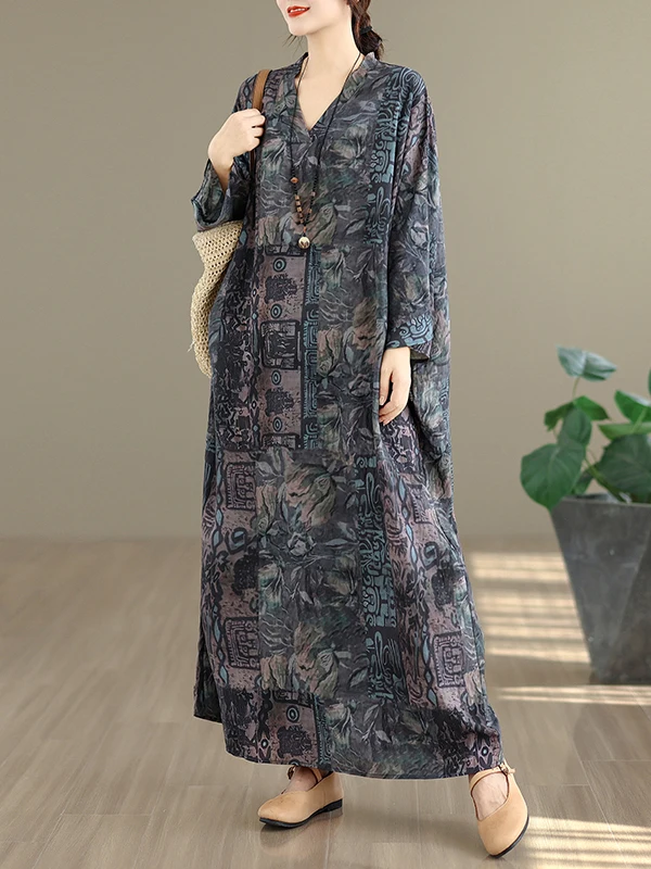 Retro V-ne Baumwolle Leinen Dr Blumendruck Urlaub Sle Reise Langer Rock Damenbekleidung Lose Taille H-pe Herbst Frühling