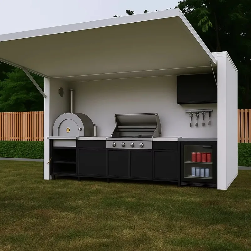 Modern multifunctional outdoor mobile kitchen prefabricated barbecue cooking station aluminum alloy painted sink cabinet