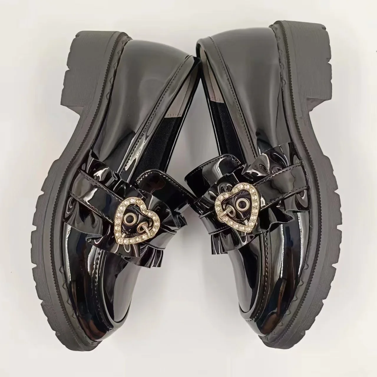 Japanese Sweet College Style JK Uniform Shoes Round Toe Mid Heel Pleated Love Rhinestone Black Leather Shoes for Women