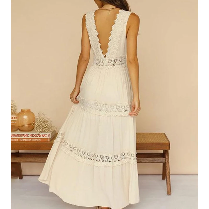 Elegancka damska letnia sukienka Bohemian Lace Patchwork White Long Dress V Neck Sexy Sleeveless Maxi Dresses Lady Vestidos Femme Платье