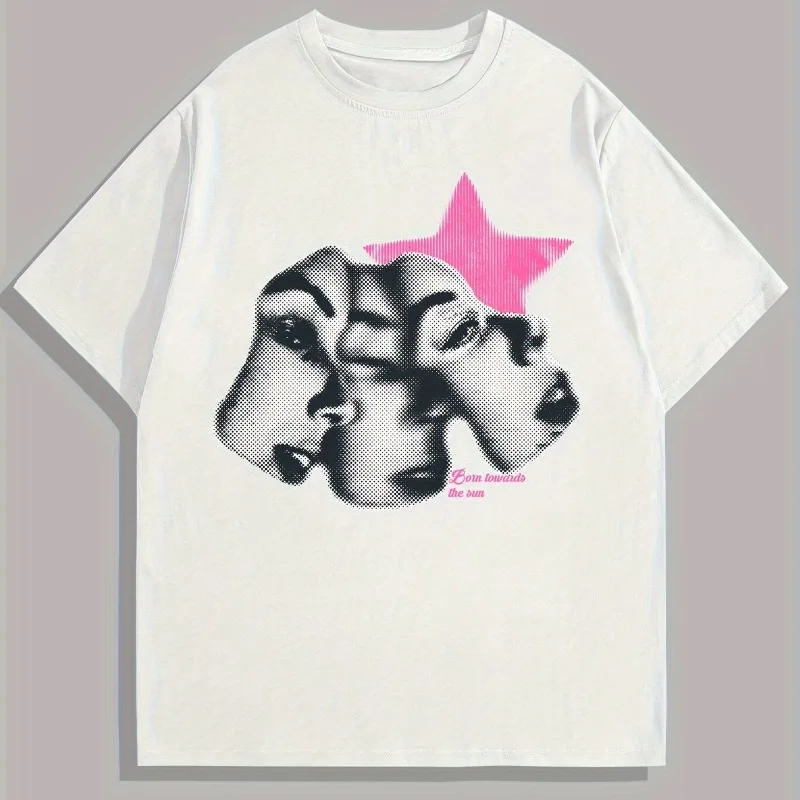 Men's Graphic Tee Y2K Aesthetic Pink Star Face Print T-Shirt Casual Loose Fit Short Sleeve Cotton Top Streetwear