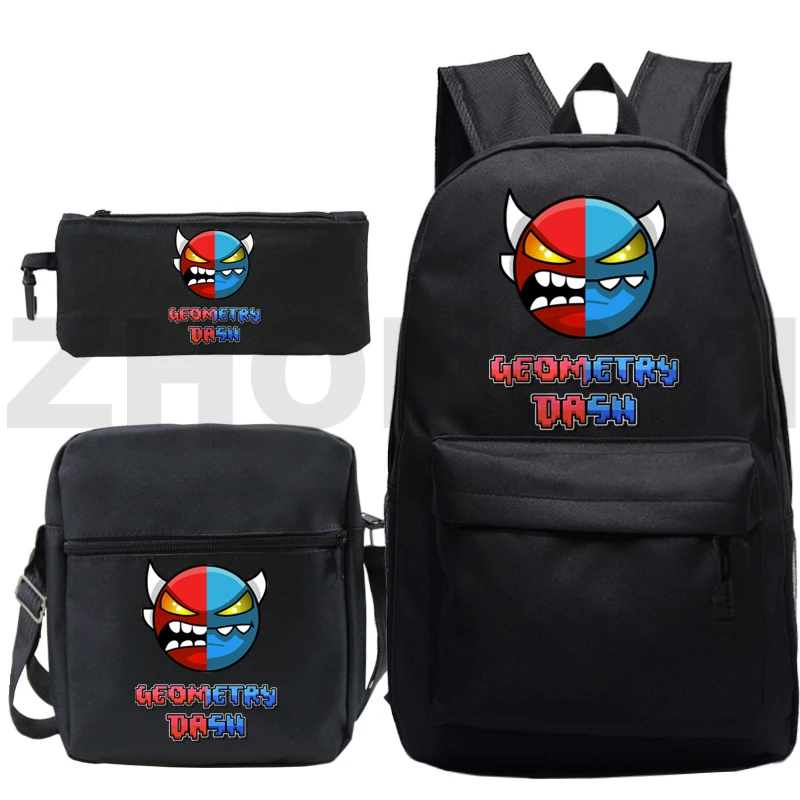 

High Quality Canvas Geometry Dash School Back Pack for Boys Girls Trendy Waterproof Backpack 3 in 1 Cartoon Bookbag Pencil Bags