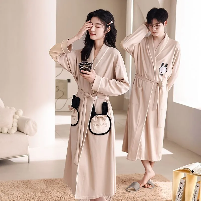 Pajamas Women All-season Universal Cotton Bathrobe Men's Spring V-neck Loose Couple Sleepwear Long Robes Autumn Winter Sleepwear