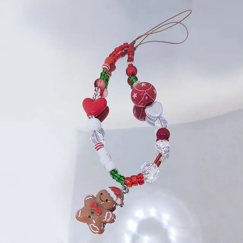 Gingerbread Man Mobile Phone Charm Strap Chain Lanyard Cute Red Green Clear Acrylic Bead Women Christmas Gifts Cellphone Jewelry