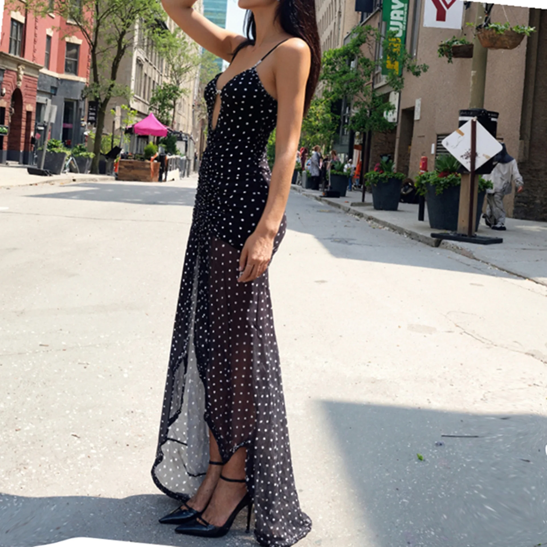 DSMTRC Summer Boho Holiday Vestidoes Polka Dot Print Split Ruched Dress for Women Sexy V Neck Backless Slip Mesh Dresses Clothes