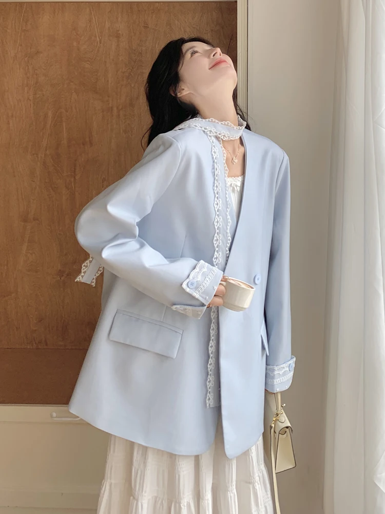 SALIENCY moda mujer Blazer encaje Patchwork cuello pico ajustado manga larga Sexy Cardigan ropa de calle mujer primavera 2025