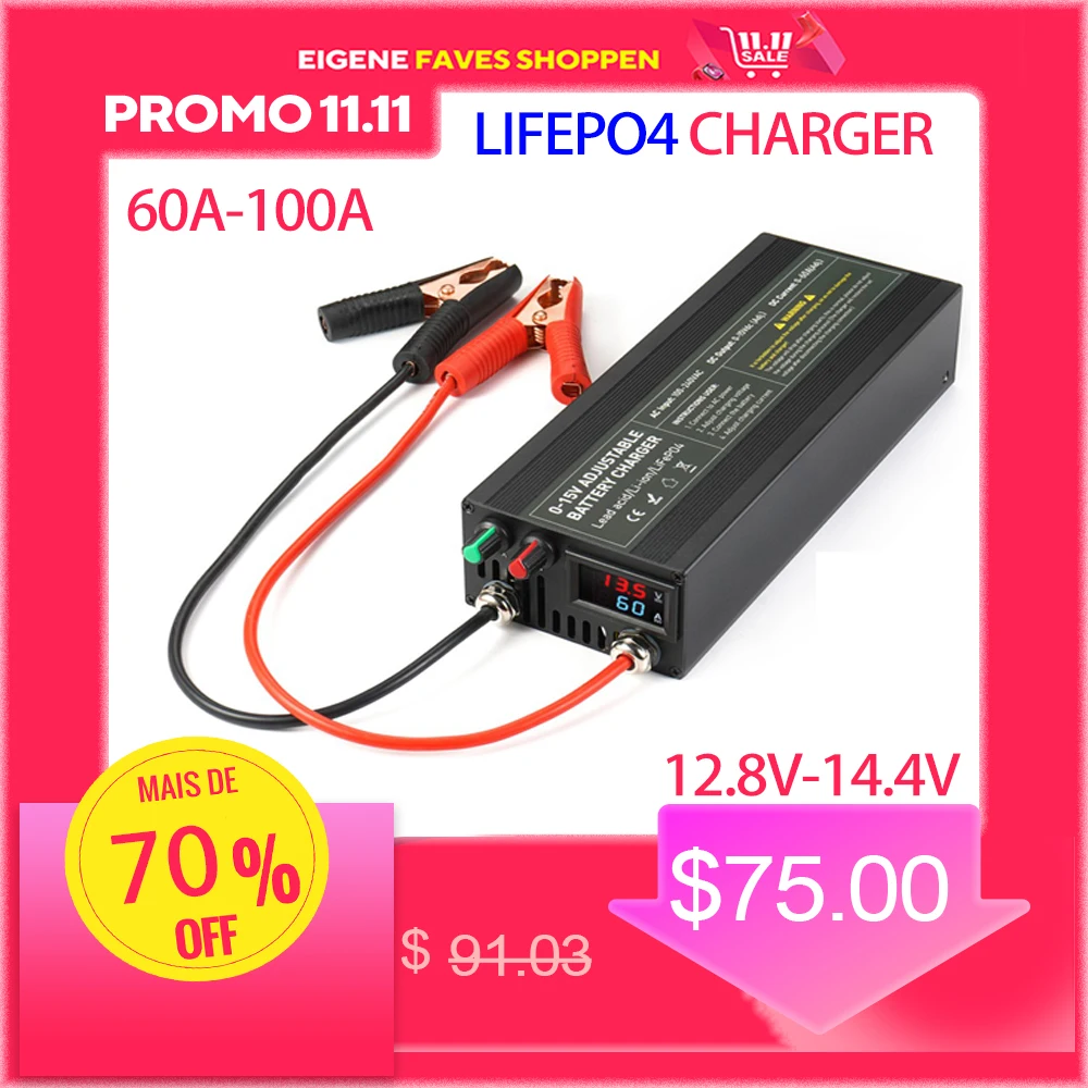 High Current Battery Charger 60A 100A for 12V Lifepo4 Battery 14.6V Quick Charging Current Voltage Adjustable Charger With Clip