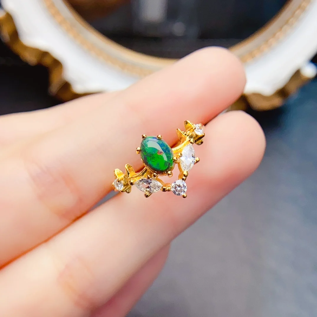 

FS Fashion Real S925 Sterling Silver 5*7mmNatural Black Opal Ring With Certificate Fine Charm Weddings Jewelry for Women MeiBaPJ