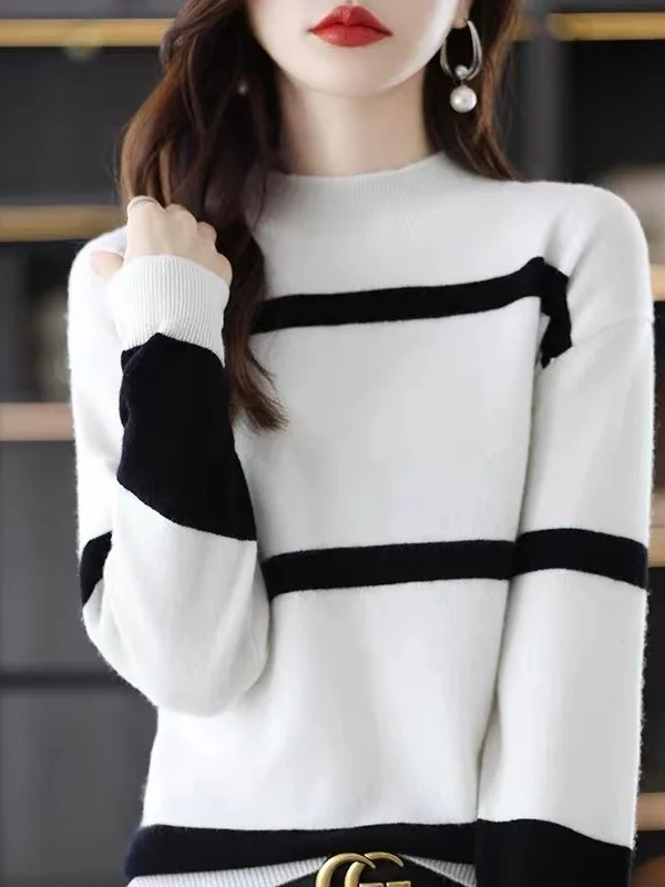 여성용 루즈핏 울 베이스 셔츠 니트 스웨터 가을 겨울 블랙 화이트 스트라이프 루즈핏 울 탑 편안한 긴팔