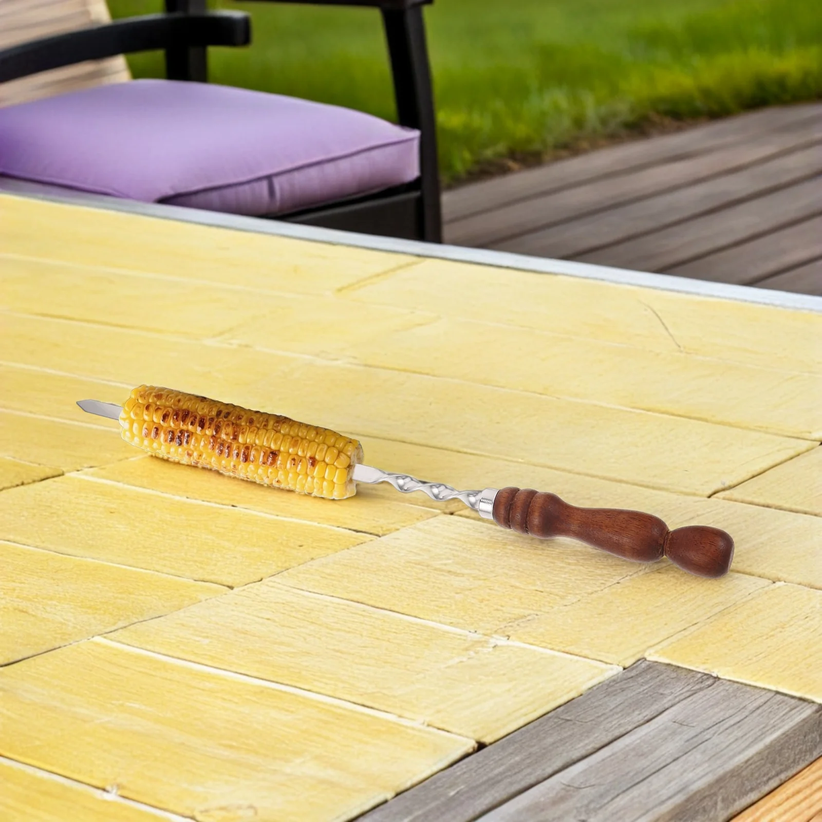 2 قطعة أسياخ شواء من الفولاذ المقاوم للصدأ 21 بوصة مقبض خشبي مسطح واسع قابل لإعادة الاستخدام للحوم والدجاج والخضروات والمأكولات البحرية شيش كباب في الهواء الطلق #1