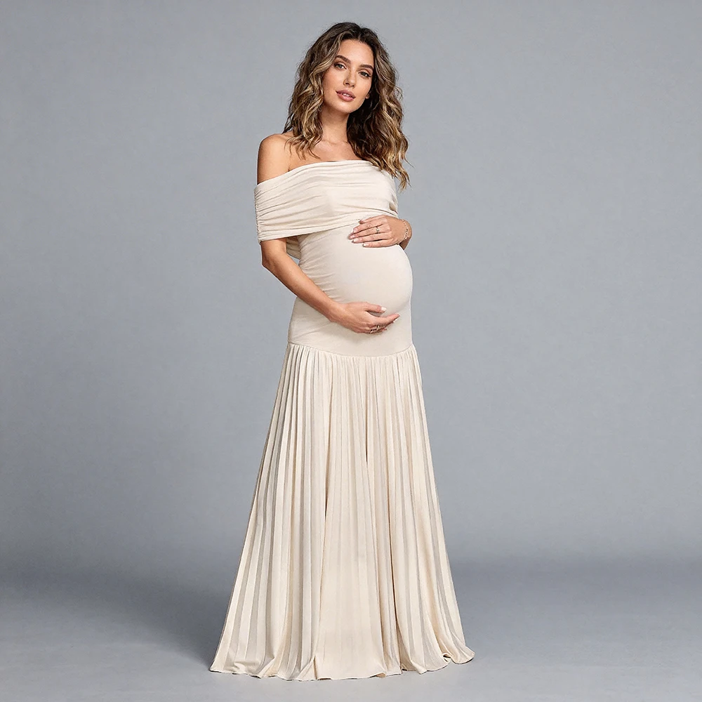 

Maternity Dress Photoshoot Beige Off-the-Shoulder Ruched Bodice Dress for Pregnant Women Baby Shower Dress Woman YW6326D