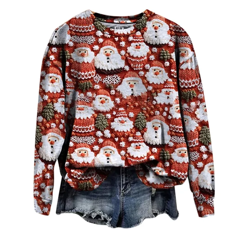 Red Christmas Women's Long Sleeved Hoodie Cartoon Santa Claus Pattern Round Neck Pullover Hoodie Top Versatile Christmas Style