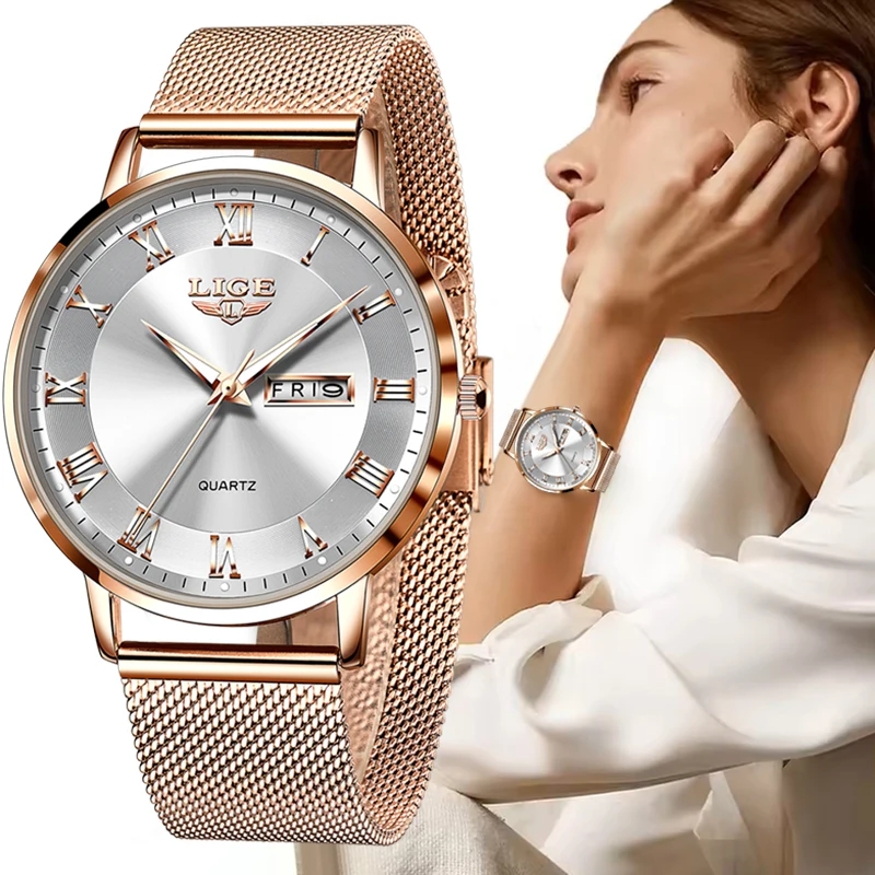 

LIGE женские часы лучший бренд класса люкс розовое золото ультратонкая сетка женские часы-браслет водостойкие светящиеся кварцевые часы для женщин