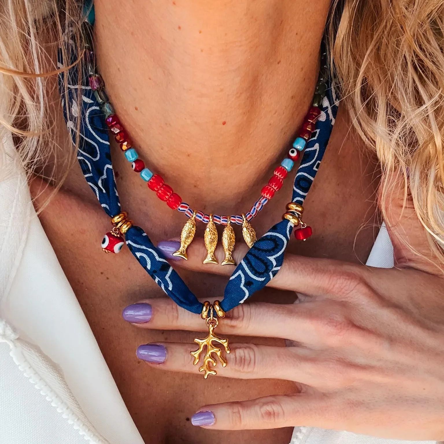 

2-piece set Bohemian Dark Blue Scarf Necklace 18K Gold Plated Fish Coral Stainless Steel Pendant Ocean-inspired Beach Jewelry