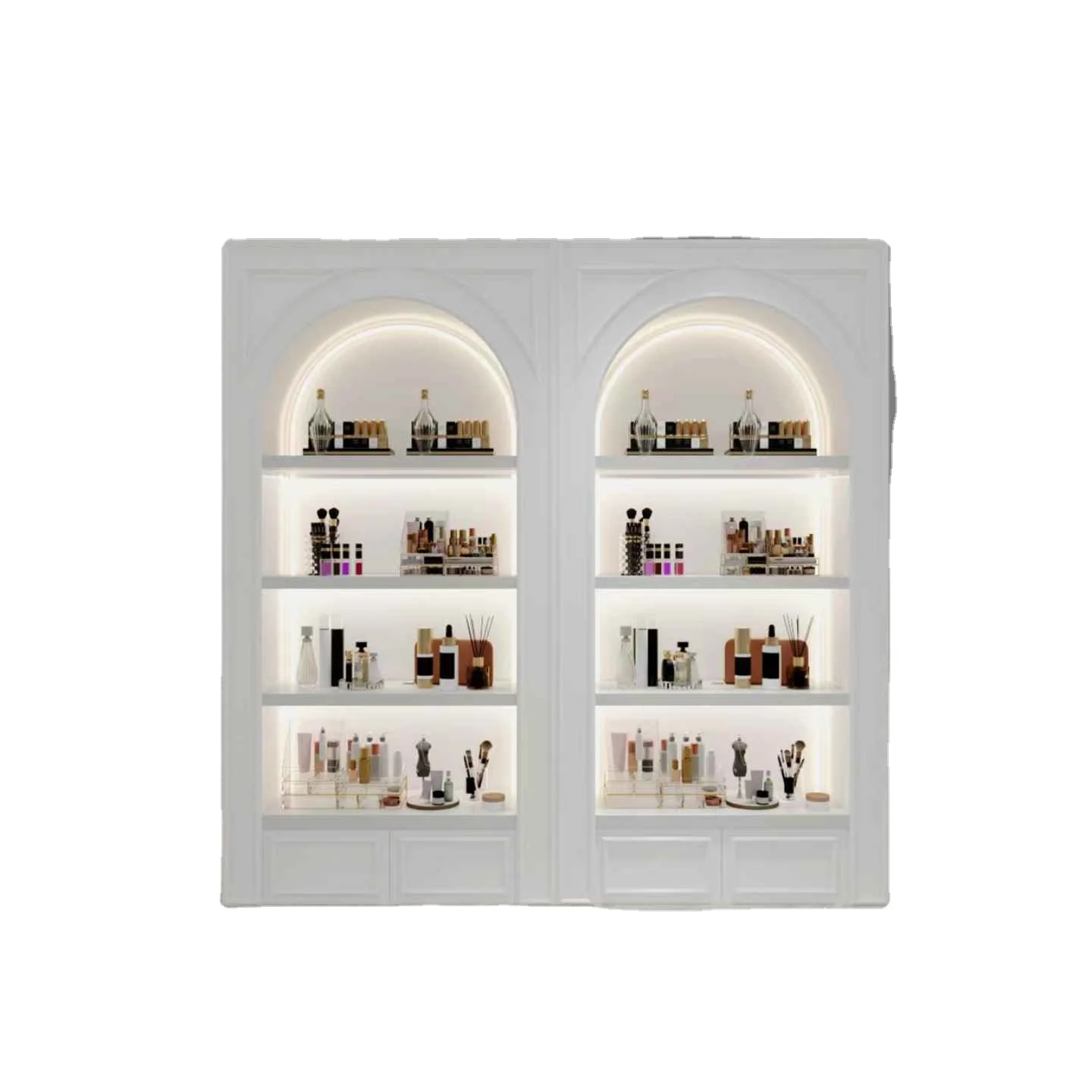 Fashion Concept Cosmetic Shelves Gold Retail Store Cosmetic Display Rack with Cabinet for Shop Customize Logo Size