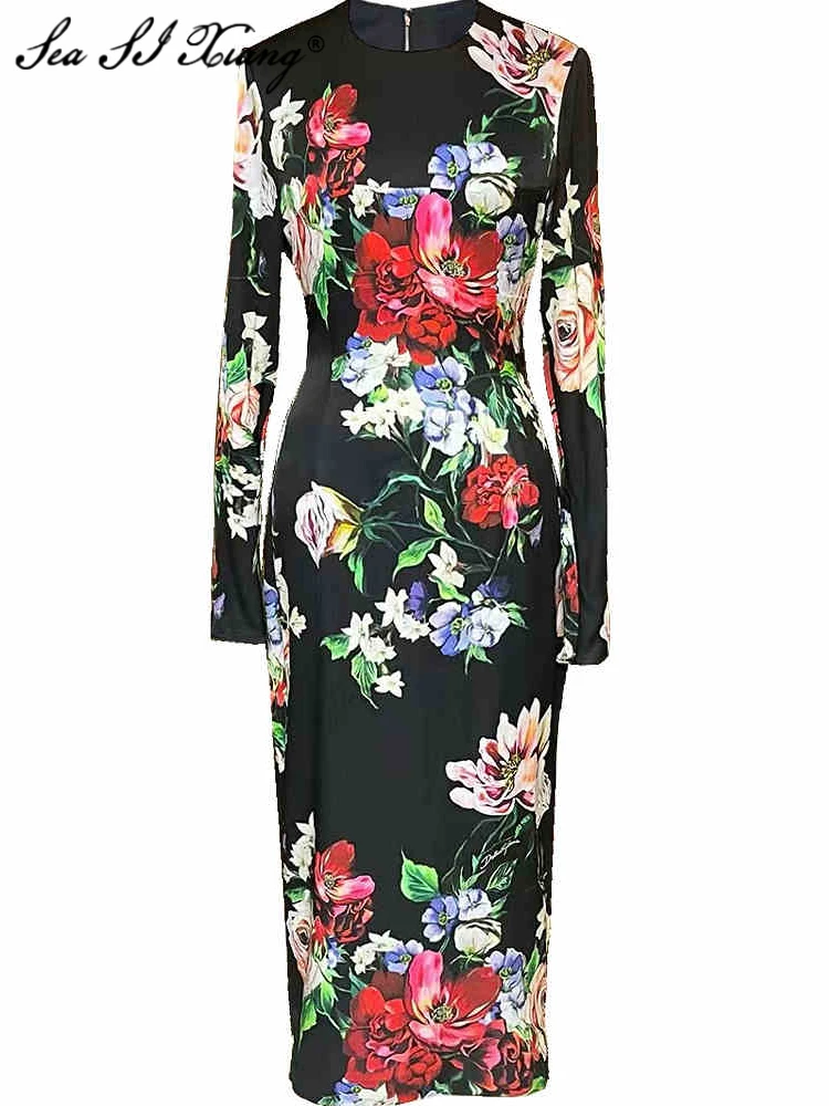 Seasixiang Floral Print Silk Pencil Dress For Women O-Neck Long Sleeves Vintage Party Dresses Fashion Autumn Female