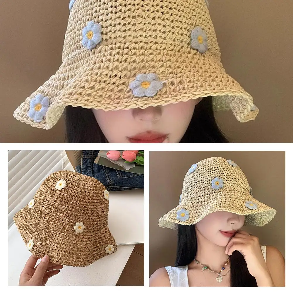 

Hats For Women Summer Straw Crochet Bucket Hat Women's Panama Cap Uv Cap Fishing Hat Vacation Beach Hat X1d3