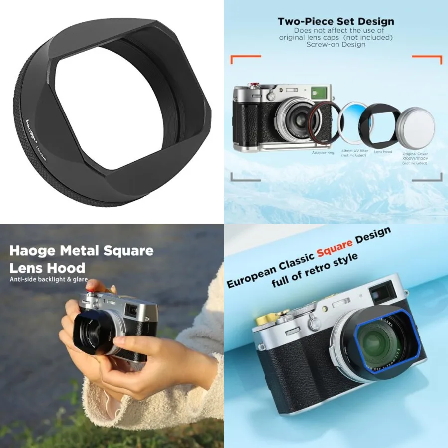 

LH-X54B Square Metal Lens Hood with 49mm Adapter Ring for Fujifilm X100VI Fuji X100V Camera Black