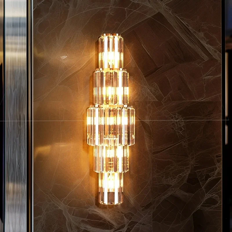 Luxury Tiered Vertical Crystal Wall Sconce Gold Frame Long LED Wall Lamp for Villa Hallway Hotel Corridor Stairway Decor