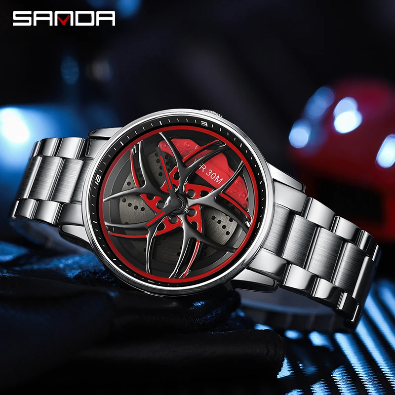 Sanda 1091Hot Sale 360 Degree Rotating Car Wheel Hollow Out Design Dial Waterproof Quartz Movement Wrist Analog Watch 2023