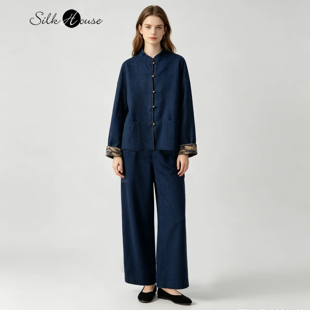 2026 Women's Fashion Clothing 100% Natural Mulberry Silk Oak Silk Double Sided Jacket Long Pants Two Piece Set