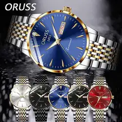 ORUSS Luxury Men's Watches Classic Calendar Business Wristwatch Stainless Steel Waterproof Luminous Quartz Watch for Men