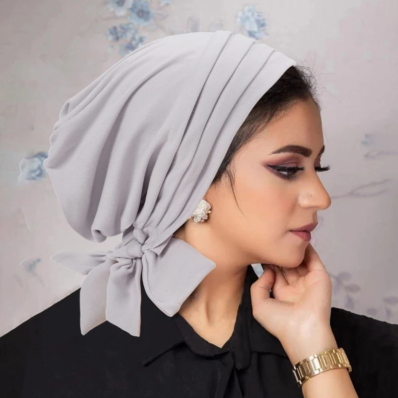 Muslim Women Stretch Turban Hijab Underscarf Cancer Chemo Caps Hat Head Scarves Pre-Tied Pleated Scarf Sleep Hair Cover