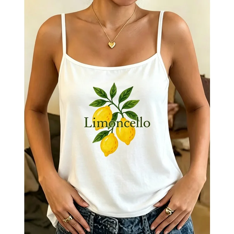 Women Watercolor Lemon Leaf Print Spaghetti Strap Tank Top Fresh Fruit Pattern Y2K Casual Beach Holiday Daily Summer Vest
