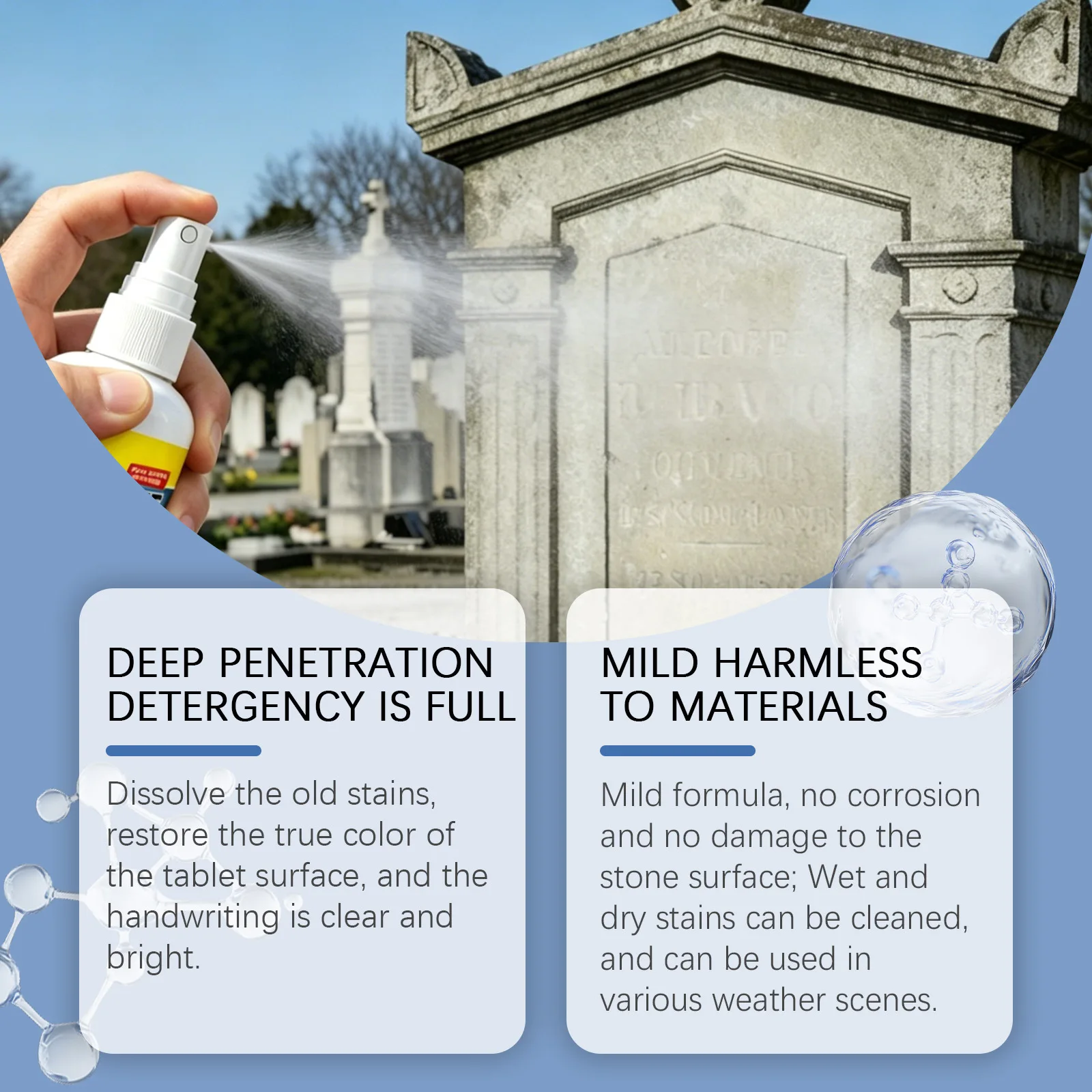 Gravestone Cleaner Mild Formula Stain Remover Restorer Polish for Marble Granite Tombstone Moss Removal Cleaning Spray 100ml