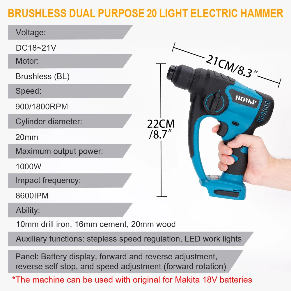 20V Brushless Electric Hammer 2in1 Cordless Rechargeable Electric Rotary Demolition Hammer Power Impact Drill For Makita Battery