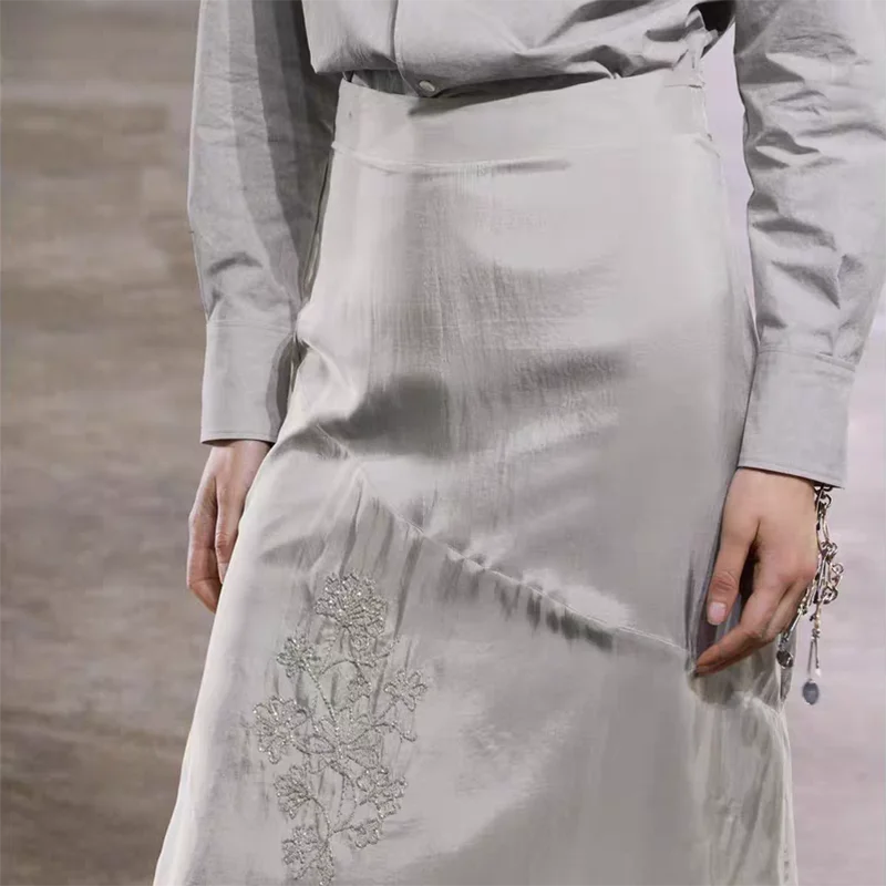 New Summer Women's Embroidered Asymmetric High Waist Midi Skirt Street Sle Straight Leg mid Length Pure Color Other Material