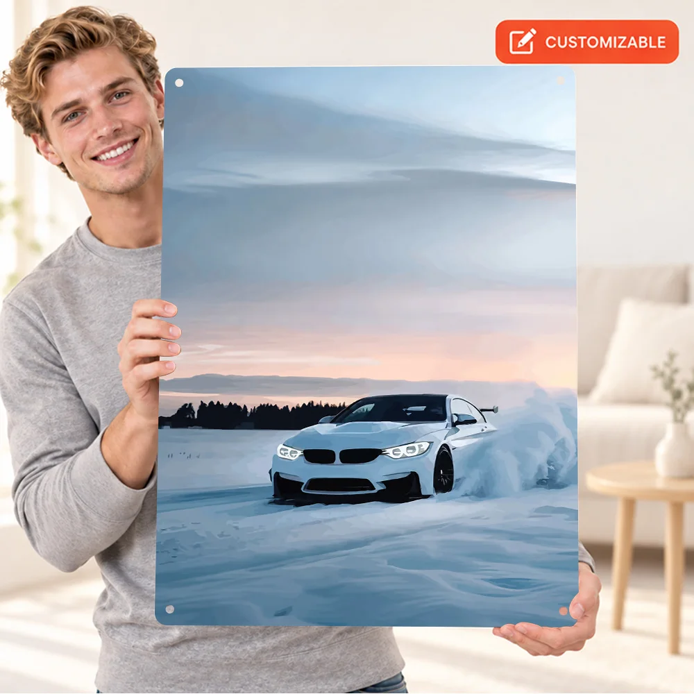 German White M4 Drifting In Snow Car Aluminum Poster Customized Metal Sign Futuristic Design Wall Art For Study Collector Gift